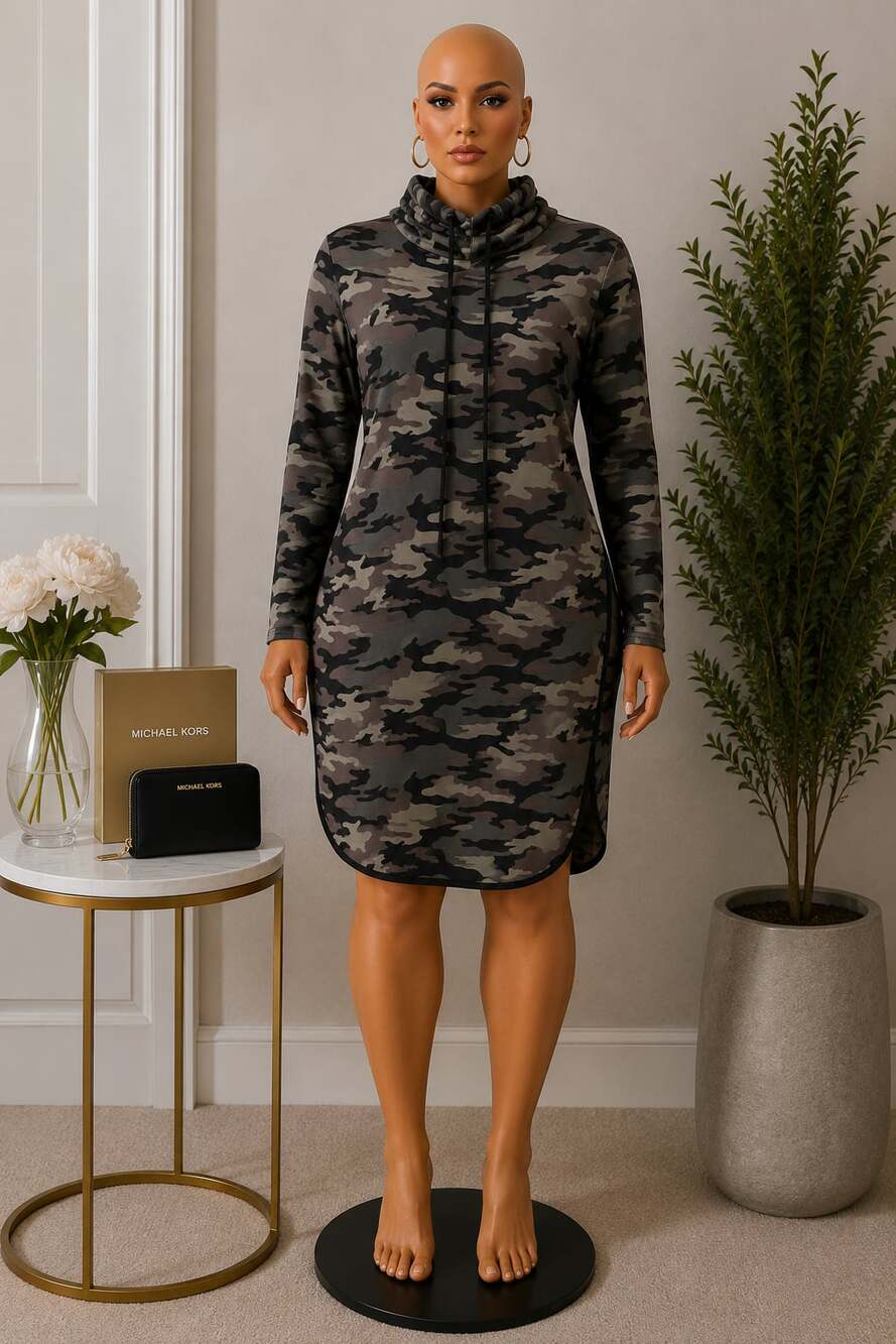 Riley James Women's Camouflage Print Hooded Sweatshirt Mini Dress